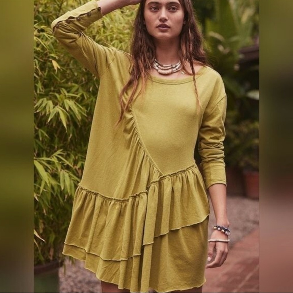 Free People Beach Green Sun Baby Mini Dress Tunic Top Lagenlook Boho Size Medium